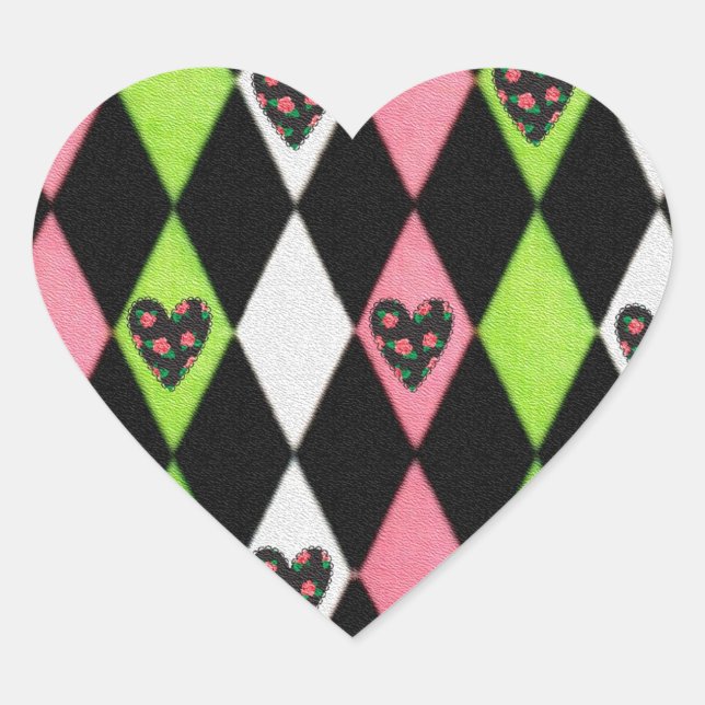 Colourful Harlequin Print with Rose Hearts Heart Sticker (Front)