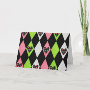 Colourful Harlequin Print with Rose Hearts Holiday Card