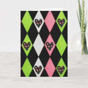 Colourful Harlequin Print with Rose Hearts Holiday Card