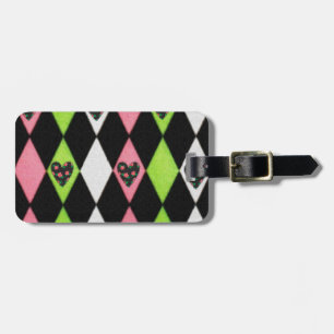 Colourful Harlequin Print with Rose Hearts Luggage Tag