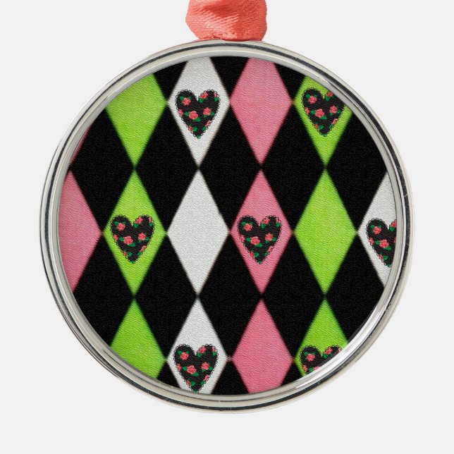 Colourful Harlequin Print with Rose Hearts Metal Tree Decoration (Front)