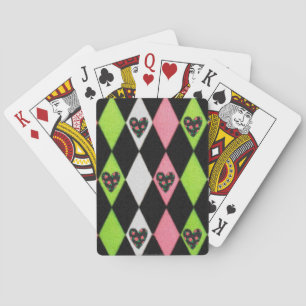 Colourful Harlequin Print with Rose Hearts Playing Cards
