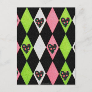 Colourful Harlequin Print with Rose Hearts Postcard