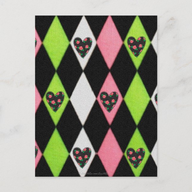 Colourful Harlequin Print with Rose Hearts Postcard (Front)