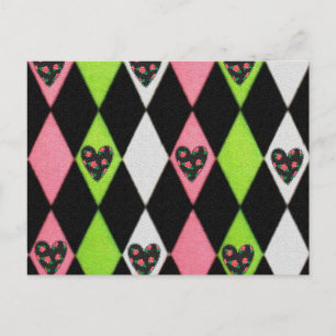 Colourful Harlequin Print with Rose Hearts Postcard