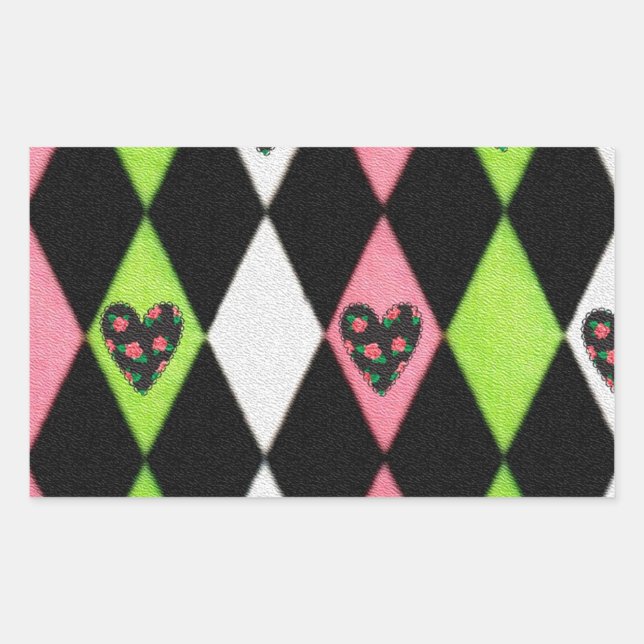 Colourful Harlequin Print with Rose Hearts Rectangular Sticker (Front)