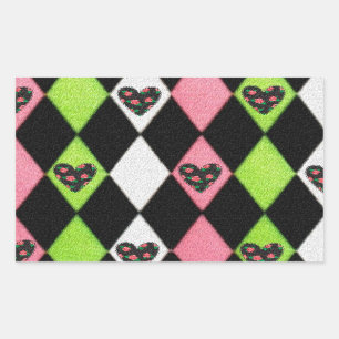 Colourful Harlequin Print with Rose Hearts Rectangular Sticker