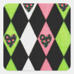 Colourful Harlequin Print with Rose Hearts Square Sticker
