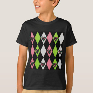 Colourful Harlequin Print with Rose Hearts T-Shirt