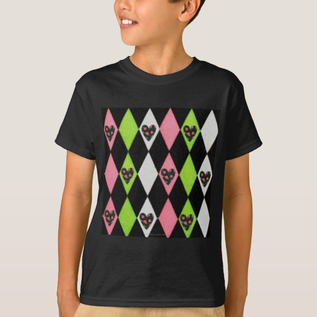 Colourful Harlequin Print with Rose Hearts T-Shirt (Front)