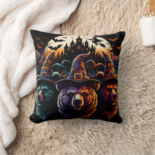 Colourful hat bears by spooky castle cushion