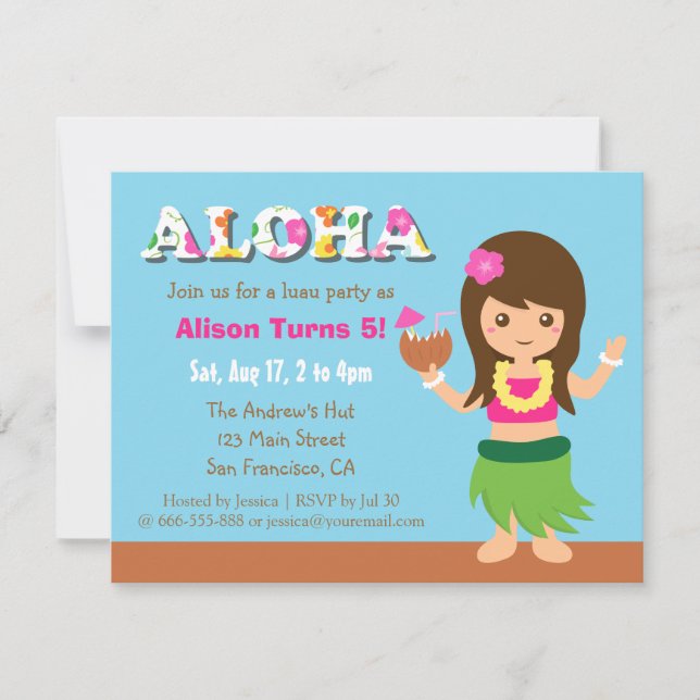 Colourful Hawaii Hula Girl Luau Birthday Party Invitation (Front)