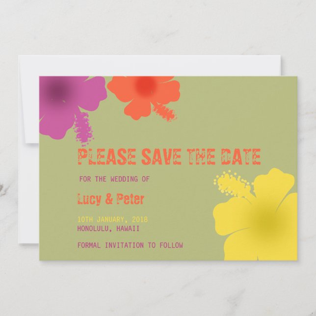 Colourful Hawaiian Hibiscus Wedding Save the Date (Front)