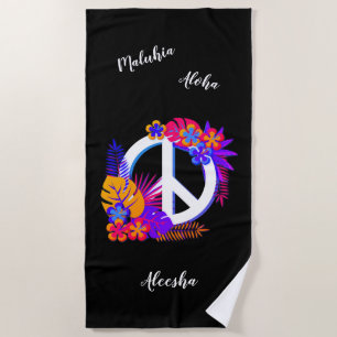Colourful Hawaiian Peace, Love, Your Name Black Beach Towel