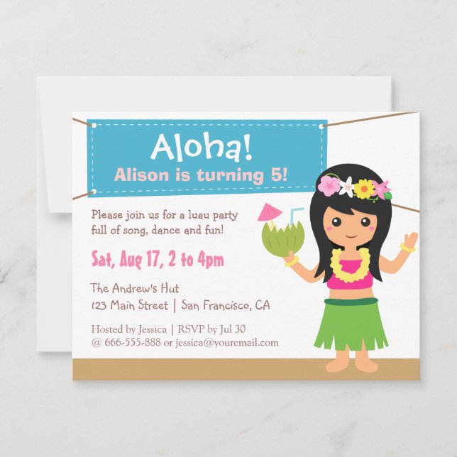Colourful Hawaiian Themed Hula Girl Luau Party Invitation (Front)