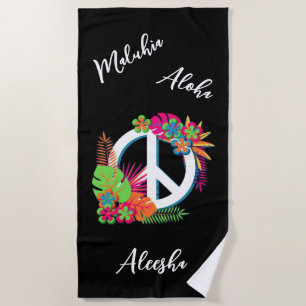 Colourful Hawaiian Tropical Peace Love Black  Beach Towel