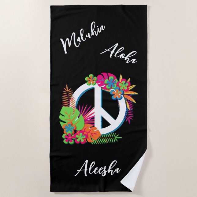 Colourful Hawaiian Tropical Peace Love Black  Beach Towel (Front)