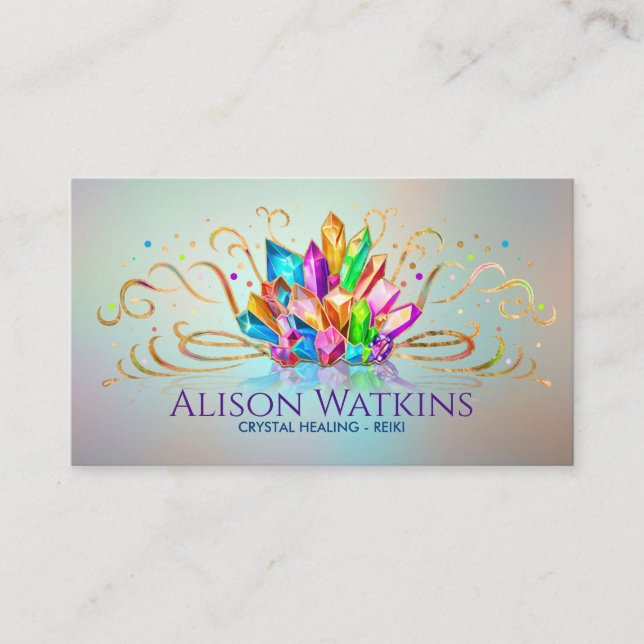 Colourful Healing Crystals and Flourishes Business Card (Front)