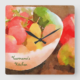 Colourful Healthy Fruits & Vegetables Watercolor Square Wall Clock