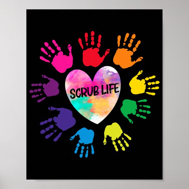 Colourful Heart Hands Tie Dye Scrub Life Nurse CNA Poster (Front)