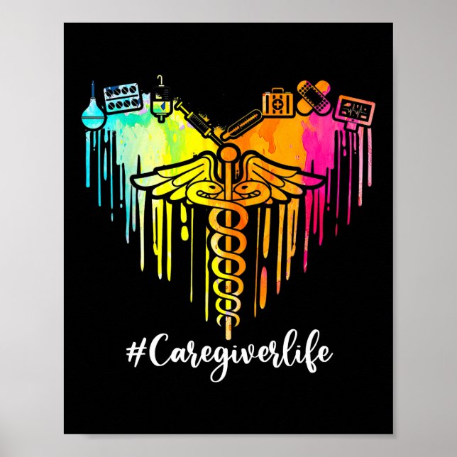 Colourful Heart Nursing symbol Caduceus Caregiver Poster (Front)
