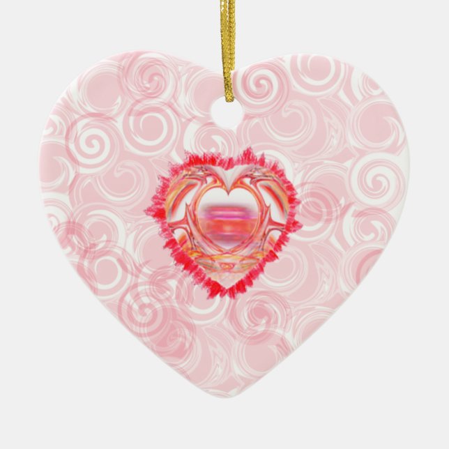 Colourful Heart Over Red Spiral Abstract Valentine Ceramic Tree Decoration (Front)
