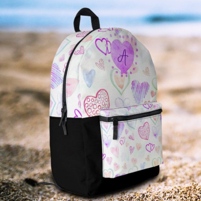 Colourful Heart Pattern and Initial Letter Monogra Printed Backpack (A sweet  initial personalized colorful heart pattern backpack gift idea. )