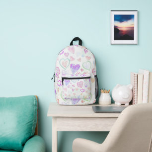 Colourful Heart Pattern  Over White Printed Backpack