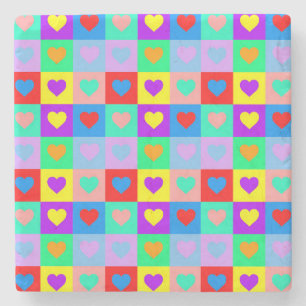 Colourful Heart Pattern Pop Art   Stone Coaster