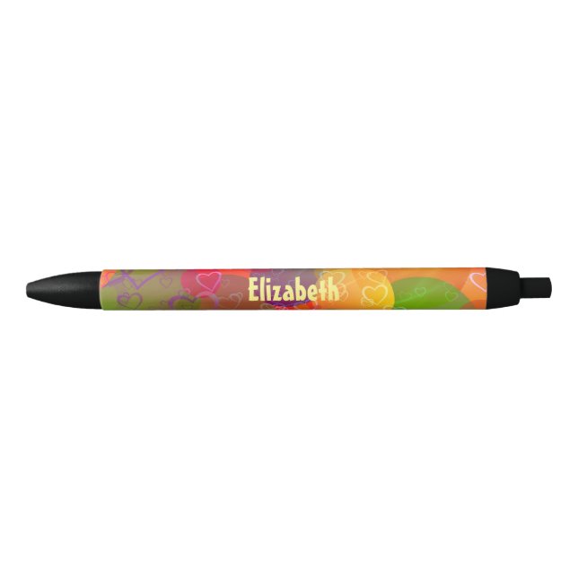 Colourful Hearts and Balloons Abstract Design Black Ink Pen (Front)