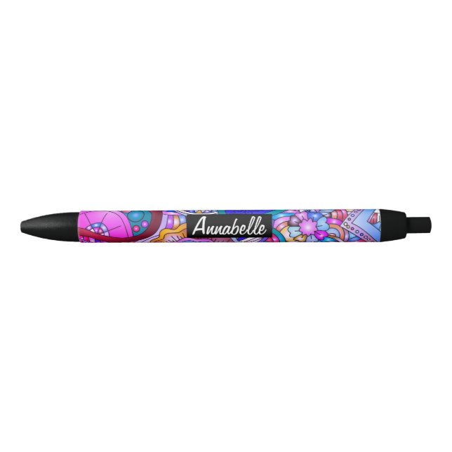 Colourful Hearts and Flowers Abstract Personalised Black Ink Pen (Front)