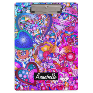 Colourful Hearts and Flowers Abstract Personalised Clipboard
