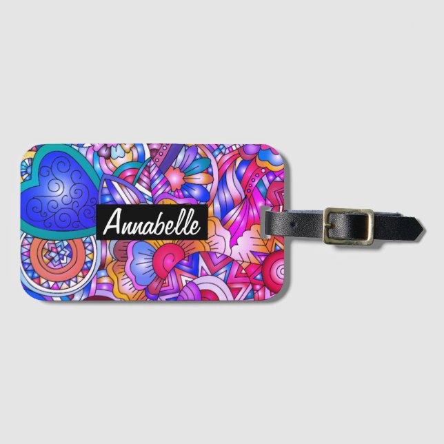 Colourful Hearts and Flowers Abstract Personalised Luggage Tag (Front Horizontal)