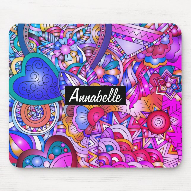 Colourful Hearts and Flowers Abstract Personalised Mouse Mat (Front)