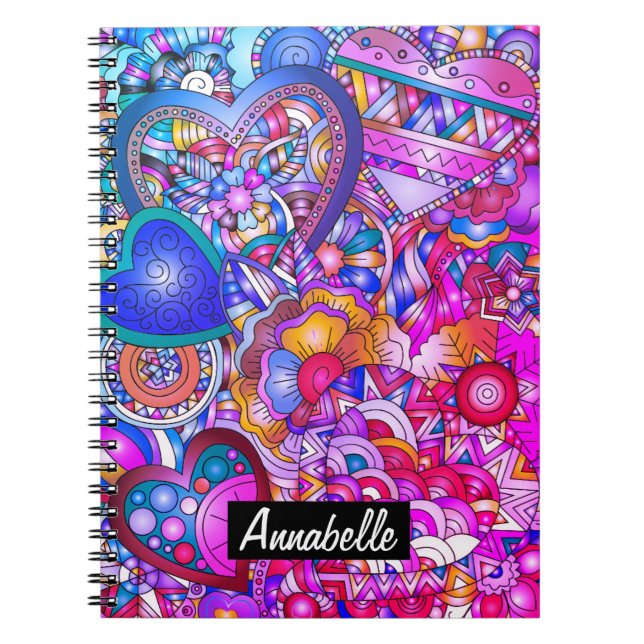 Colourful Hearts and Flowers Abstract Personalised Notebook (Front)