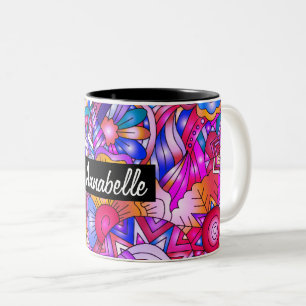 Colourful Hearts and Flowers Abstract Personalised Two-Tone Coffee Mug