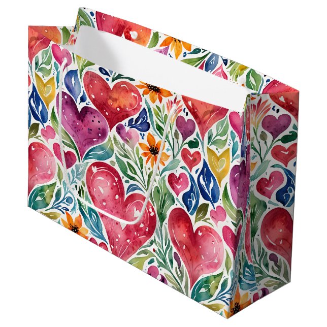 Colourful Hearts and Flowers  Large Gift Bag (Front Angled)
