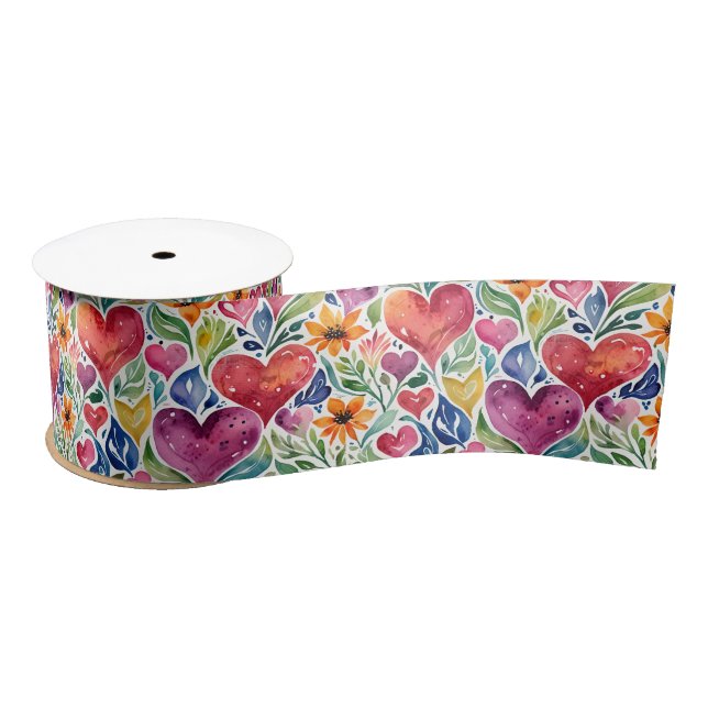 Colourful Hearts and Flowers  Satin Ribbon (Spool)
