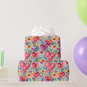 Colourful Hearts and Flowers Wrapping Paper