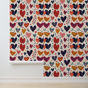 Colourful Hearts and Leaves Pattern Design Wallpaper