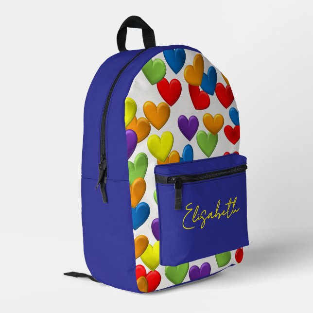 Colourful Hearts and Your Name Printed Backpack (Back Corner Left)