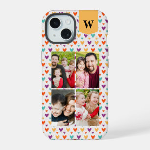 Colourful Hearts Custom Monogram 4-Photos iPhone 15 Case
