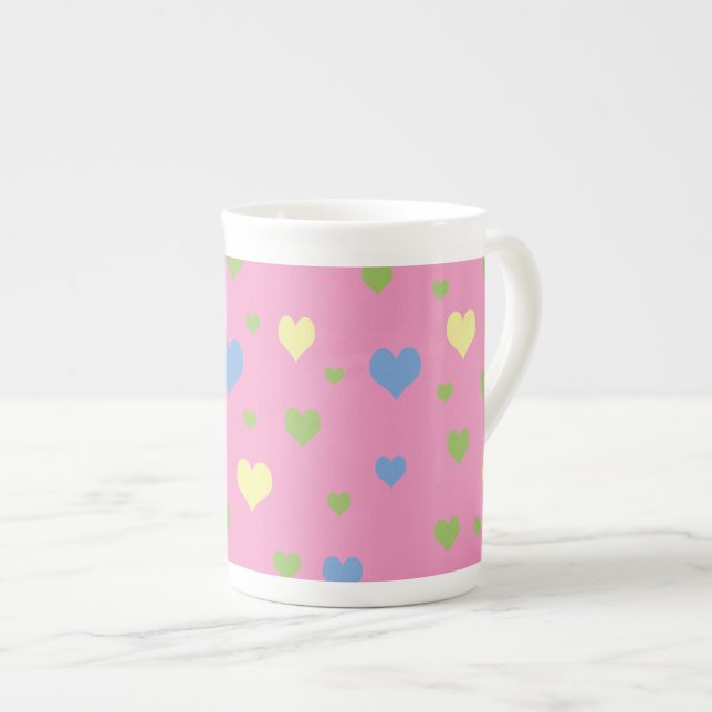 Colourful hearts design bone china mug (Front Right)