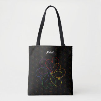Colourful heartS Flower Pattern Custom Name-Black Tote Bag