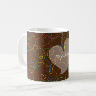 Colourful Hearts Net Pattern-Brown-Name Coffee Mug