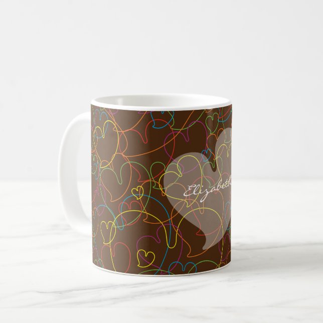 Colourful Hearts Net Pattern-Brown-Name  Coffee Mug (Front Left)