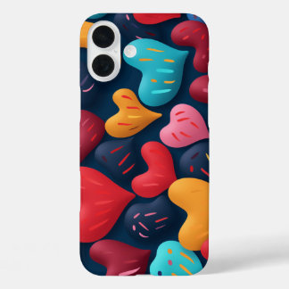Colourful hearts on a dark background iPhone 16 plus case