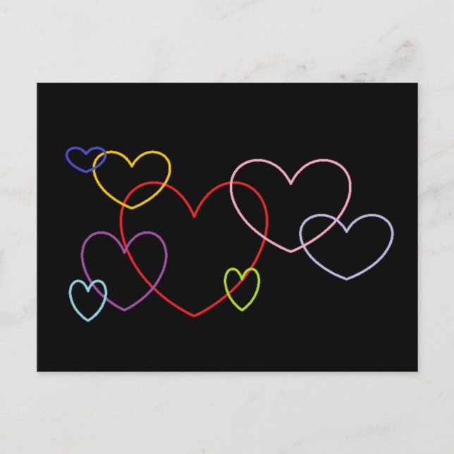 Colourful Hearts on Black Background Postcard (Front)