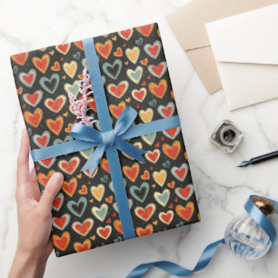 Colourful Hearts on Black Wrapping Paper