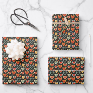 Colourful Hearts on Black Wrapping Paper Sheet
